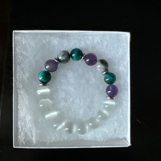 Selenite, Tiger’s Eye, Amethyst, and Grey Hawk Eye Bracelet